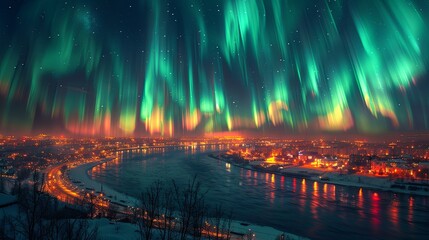 Fototapeta premium Artificial aurora borealis man-made light show over city