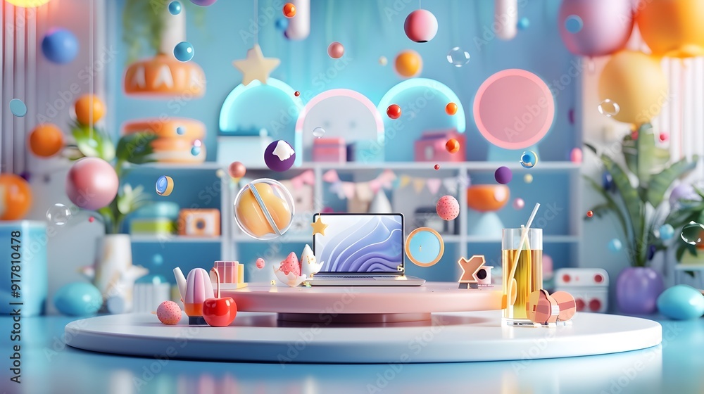 Poster 3d abstract scene with laptop and colorful objects.