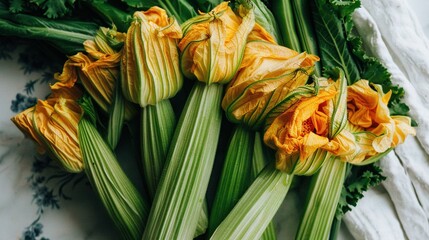   A collection of green and yellow blossoms arranged on a white surface near a white and blue fabric