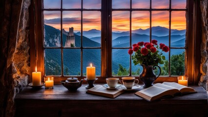 Castle view, cozy room, magical night sky, sunset, introspection, melancholy, isolation, candlelight, flowers, steaming tea, vivid colors, ultra-HD, realism, historical, abstraction