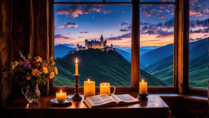 Castle view, cozy room, magical night sky, sunset, introspection, melancholy, isolation, candlelight, flowers, steaming tea, vivid colors, ultra-HD, realism, historical, abstraction