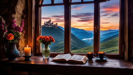 Castle view, cozy room, magical night sky, sunset, introspection, melancholy, isolation, candlelight, flowers, steaming tea, vivid colors, ultra-HD, realism, historical, abstraction