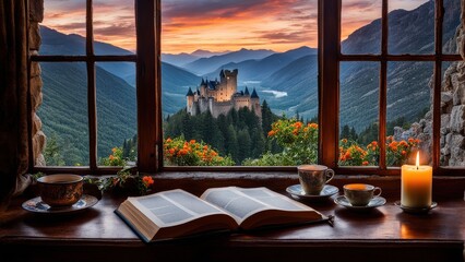 Castle view, cozy room, magical night sky, sunset, introspection, melancholy, isolation, candlelight, flowers, steaming tea, vivid colors, ultra-HD, realism, historical, abstraction