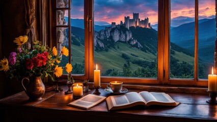 Castle view, cozy room, magical night sky, sunset, introspection, melancholy, isolation, candlelight, flowers, steaming tea, vivid colors, ultra-HD, realism, historical, abstraction