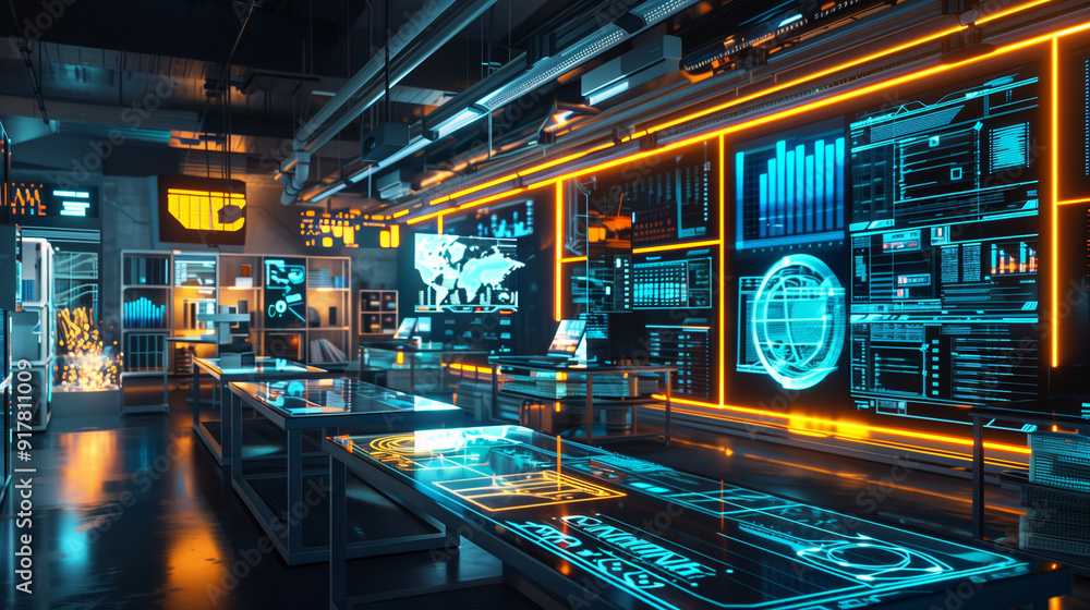 Poster a modern tech lab scene with digital screens, floating data visualizations, and high-tech equipment,