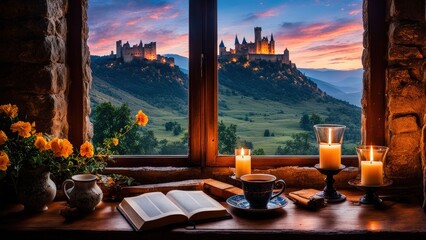 Castle view, cozy room, magical night sky, sunset, introspection, melancholy, isolation, candlelight, flowers, steaming tea, vivid colors, ultra-HD, realism, historical, abstraction