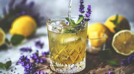   A lemon-lavender drink is being poured into a glass on a cutting board next to a pile of lemons