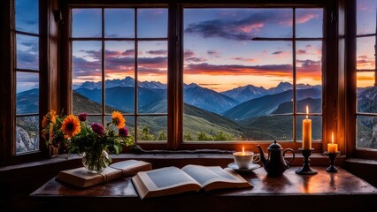 Castle view, cozy room, magical night sky, sunset, introspection, melancholy, isolation, candlelight, flowers, steaming tea, vivid colors, ultra-HD, realism, historical, abstraction