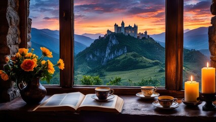 Castle view, cozy room, magical night sky, sunset, introspection, melancholy, isolation, candlelight, flowers, steaming tea, vivid colors, ultra-HD, realism, historical, abstraction