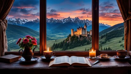 Castle view, cozy room, magical night sky, sunset, introspection, melancholy, isolation, candlelight, flowers, steaming tea, vivid colors, ultra-HD, realism, historical, abstraction