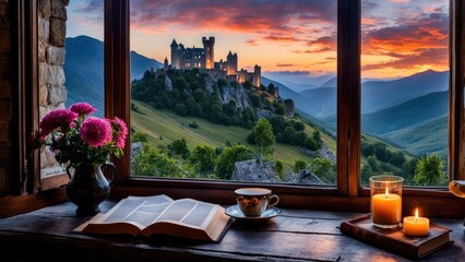 Castle view, cozy room, magical night sky, sunset, introspection, melancholy, isolation, candlelight, flowers, steaming tea, vivid colors, ultra-HD, realism, historical, abstraction