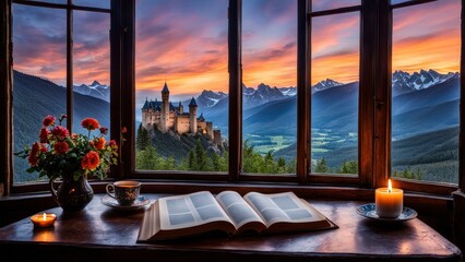 Castle view, cozy room, magical night sky, sunset, introspection, melancholy, isolation, candlelight, flowers, steaming tea, vivid colors, ultra-HD, realism, historical, abstraction
