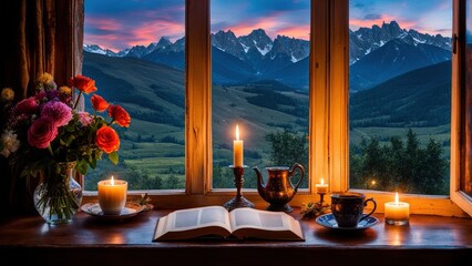 Castle view, cozy room, magical night sky, sunset, introspection, melancholy, isolation, candlelight, flowers, steaming tea, vivid colors, ultra-HD, realism, historical, abstraction