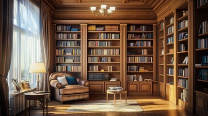 Elegant home library in a luxury house with wooden bookshelves and a cozy reading nook