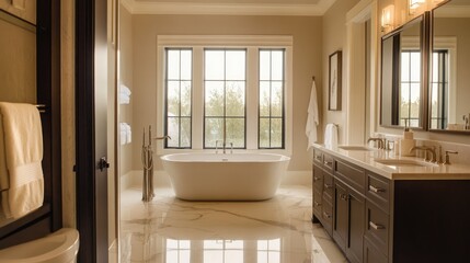 Fototapeta premium Elegant master bathroom in a luxury home with a large soaking tub and double vanity