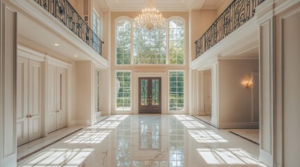 Grand entrance hall in a luxury home with high ceilings, chandeliers, and marble flooring