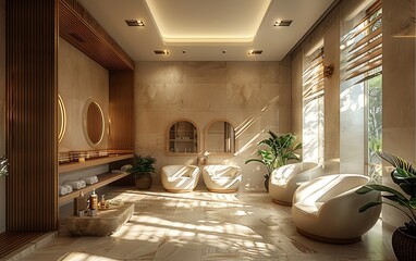 Hair loss treatment center interior, highend design, relaxing environment, chic decor, comfortable seating, calming colors, professional look