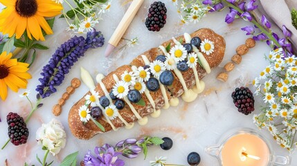   A pastry with flowers, berries, and blueberries on top of a table next to a candle and flowers
