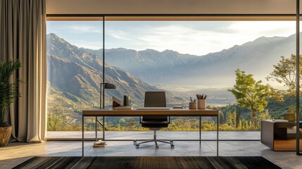 Home office with a large window, minimalist decor, and a mountain view