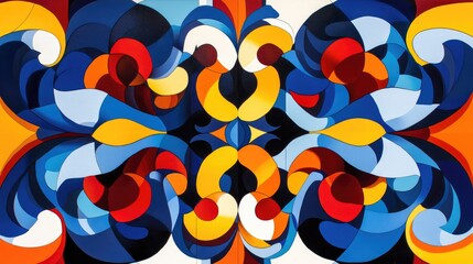 Abstract kaleidoscopic design featuring swirling tendrils of blue, red, and yellow geometric shapes