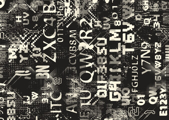 Glitch distorted grungy abstract forms . Cyber punk  pattern texture. Halftone dots .Futuristic background . Glitched shapes with dots and lines .Screen print  pattern texture