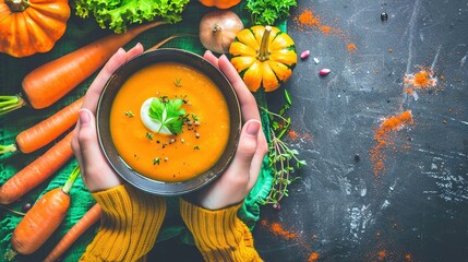   A person with a bowl of carrot soup holds vegetables against a black table and chalkboard background