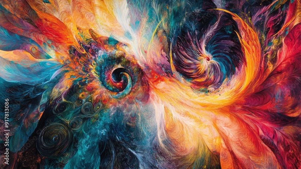 Poster kaleidoscopic colors and swirling shapes merge with feathery textures in a vibrant abstract composit