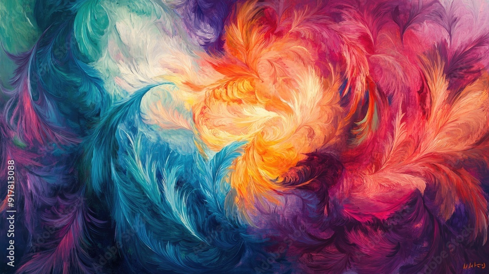 Poster kaleidoscopic colors and swirling shapes merge with feathery textures in a vibrant abstract composit