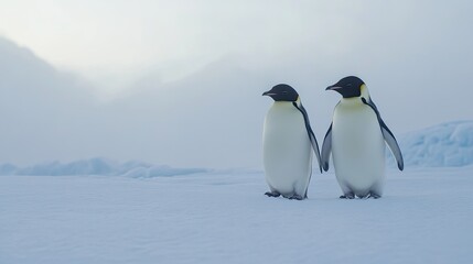 Naklejka premium A tender moment between two penguins walking close together on a snow-covered plain.