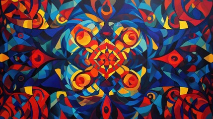 Fototapeta premium Kaleidoscopic patterns of swirling blue, red, and yellow geometric shapes in a vibrant abstract dance