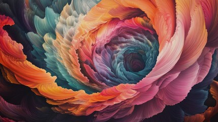 Mesmerizing visual harmony with swirling shapes, feathery textures, and vibrant kaleidoscopic colors