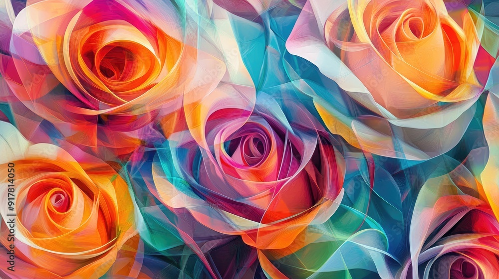 Poster multicolored roses forming a repeating pattern of swirling curves and sharp lines, creating vibrant 