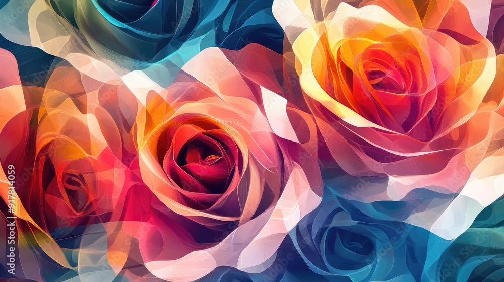 Poster multicolored roses forming a repeating pattern of swirling curves and sharp lines, creating vibrant 