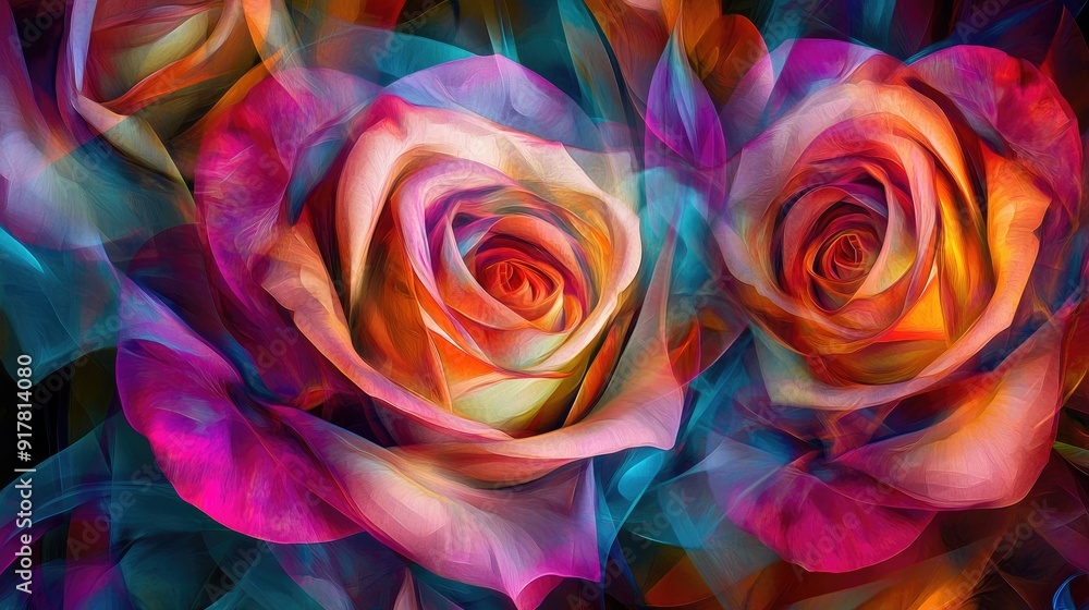 Poster multicolored roses forming a repeating pattern of swirling curves and sharp lines, creating vibrant 