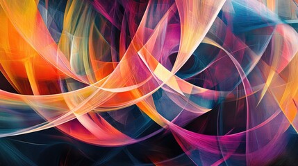 Multicolored geometric shapes interconnected in a swirling pattern of curves and angular lines, exuding dynamic digital energy