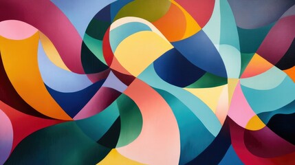 Multicolored geometric shapes interconnected in a dynamic pattern of swirling curves and angular lines, exuding energy