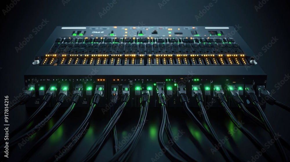 Poster network switch with connected ethernet cables and active led lights