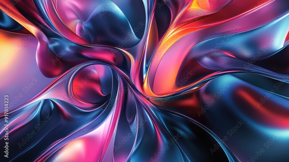 Poster multicolored shapes creating a mesmerizing repeating pattern of swirling curves and sharp angles, ra