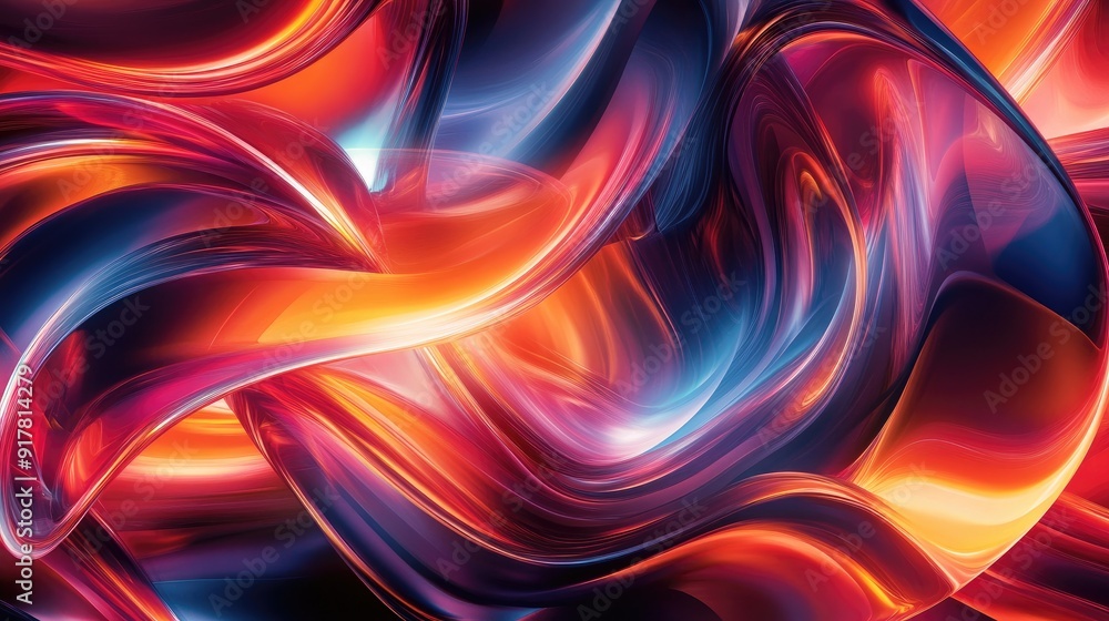 Poster multicolored shapes forming a repeating pattern of swirling curves and angular lines, creating vibra