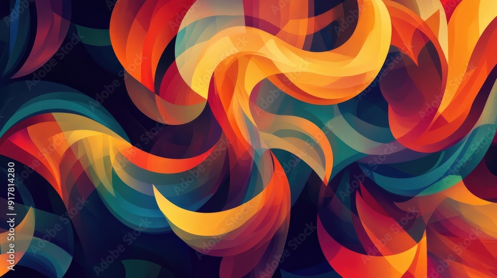 Poster multicolored shapes forming a repeating pattern of swirling curves and angular lines, creating vibra