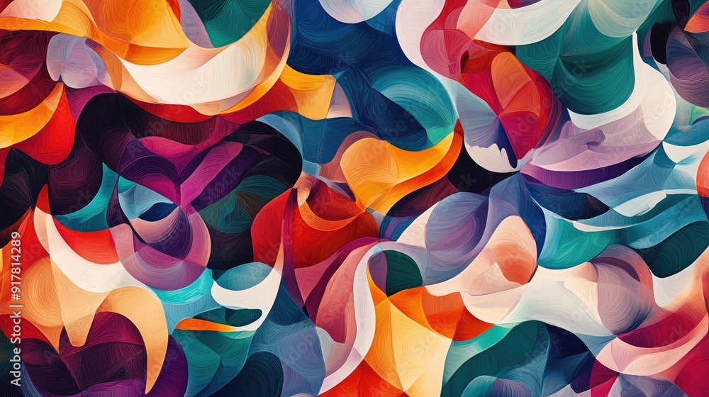 Poster multicolored shapes forming a repeating pattern of swirling curves and angular lines, creating vibra
