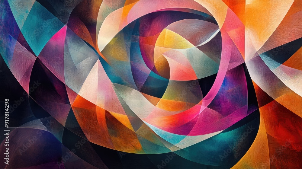 Poster multicolored shapes forming a repeating pattern of swirling curves and angular lines, creating vibra