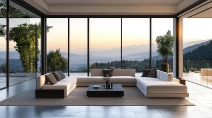 Fototapeta premium Modern luxury living room with panoramic windows, sleek furniture, and high-end finishes