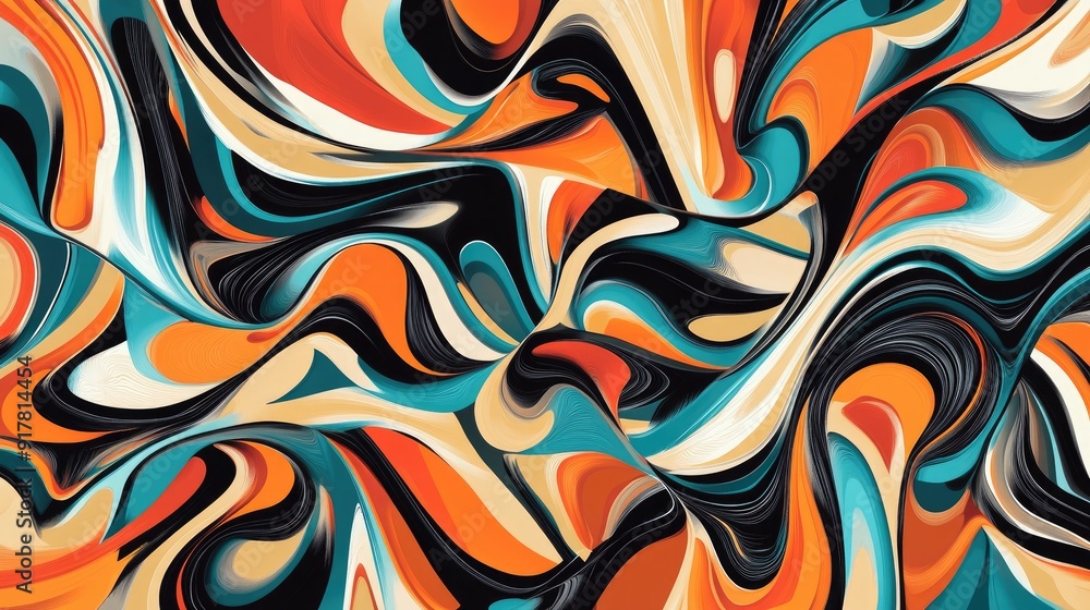 Poster repeating pattern of swirling multicolored shapes and sharp lines, seamlessly connected, generating 