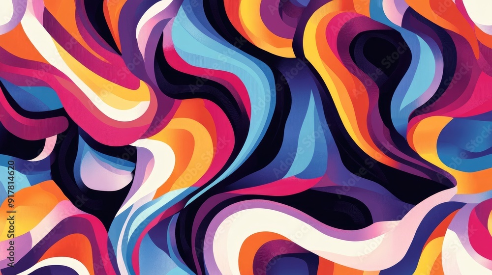 Poster seamless pattern of multicolored geometric shapes forming swirling curves and angular lines, exuding