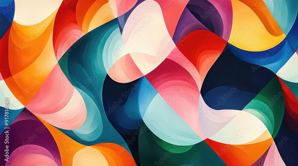 Poster seamless pattern of multicolored geometric shapes forming swirling curves and angular lines, exuding