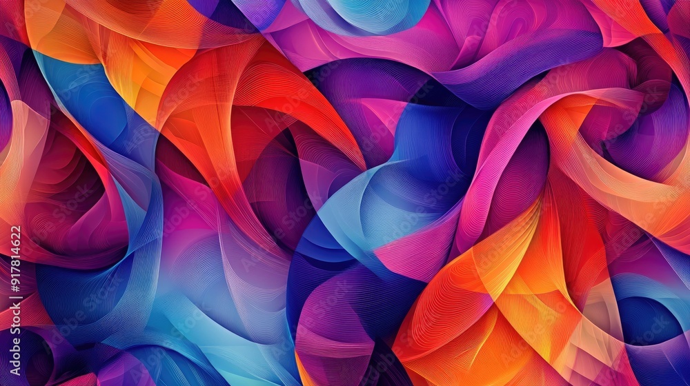 Poster seamless pattern of multicolored geometric shapes forming swirling curves and angular lines, exuding