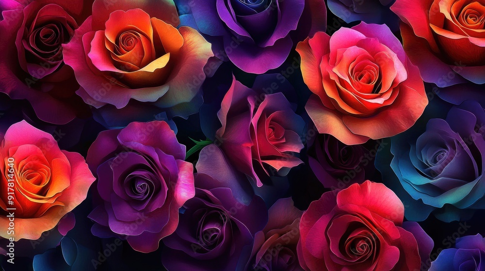 Poster seamlessly connected multicolored roses, creating a dynamic pattern of curves and sharp lines, exudi