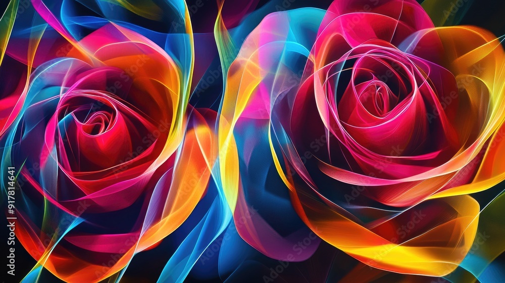 Poster seamlessly connected multicolored roses, creating a dynamic pattern of curves and sharp lines, exudi