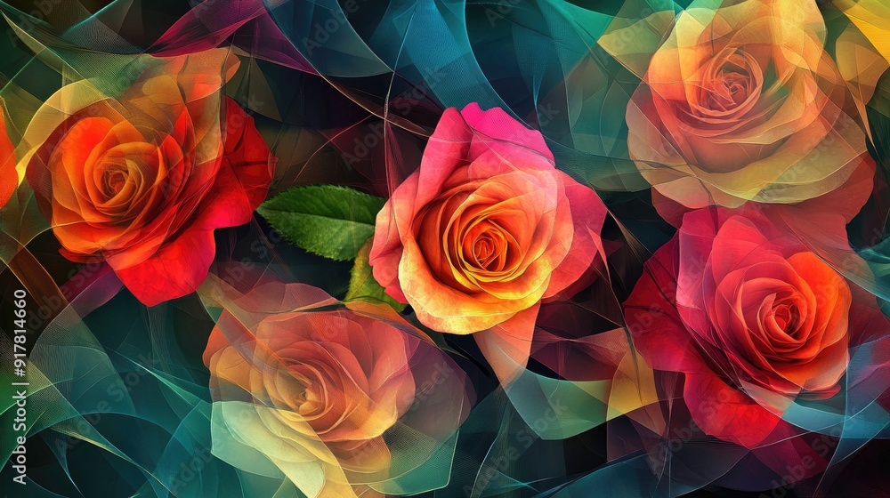 Poster seamlessly connected multicolored roses in a swirling pattern of curves and angular lines, creating 